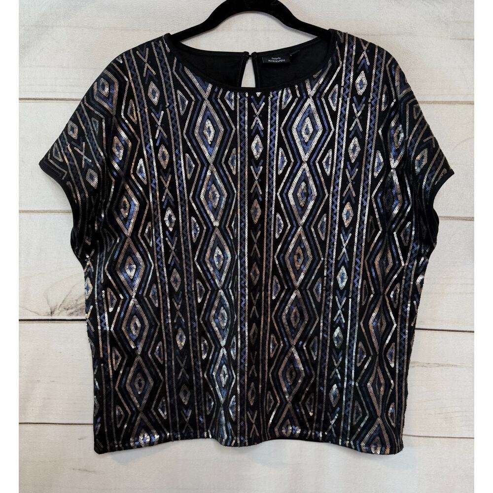 Design by KappAhl Sz LG Short Sleeve Black Silver‎ Blue Sequins Fun Flirty